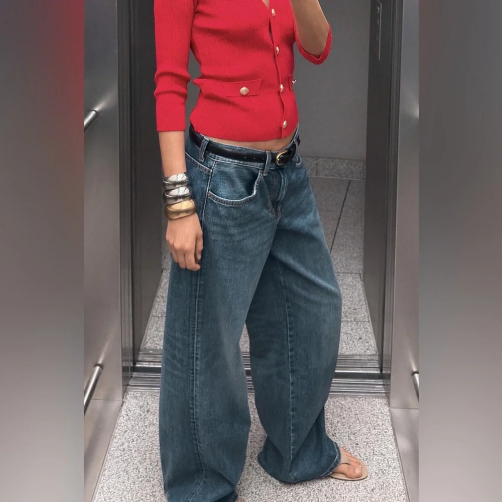 ZARA V-neck Knit Cardigan w/ 3/4 sleeves in Gold Button Red Size M NEW - Picture 3 of 6